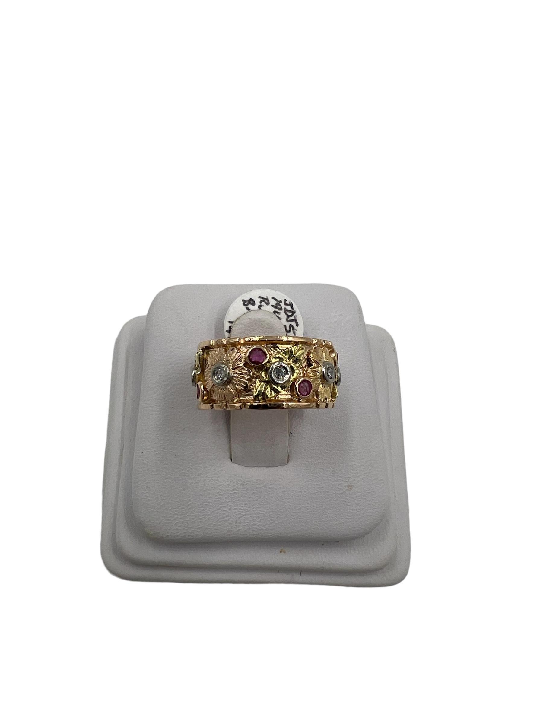 1940s Retro Pink Gold Ruby Diamond 9mm Wide Band Ring Size 5.5 For Sale 5