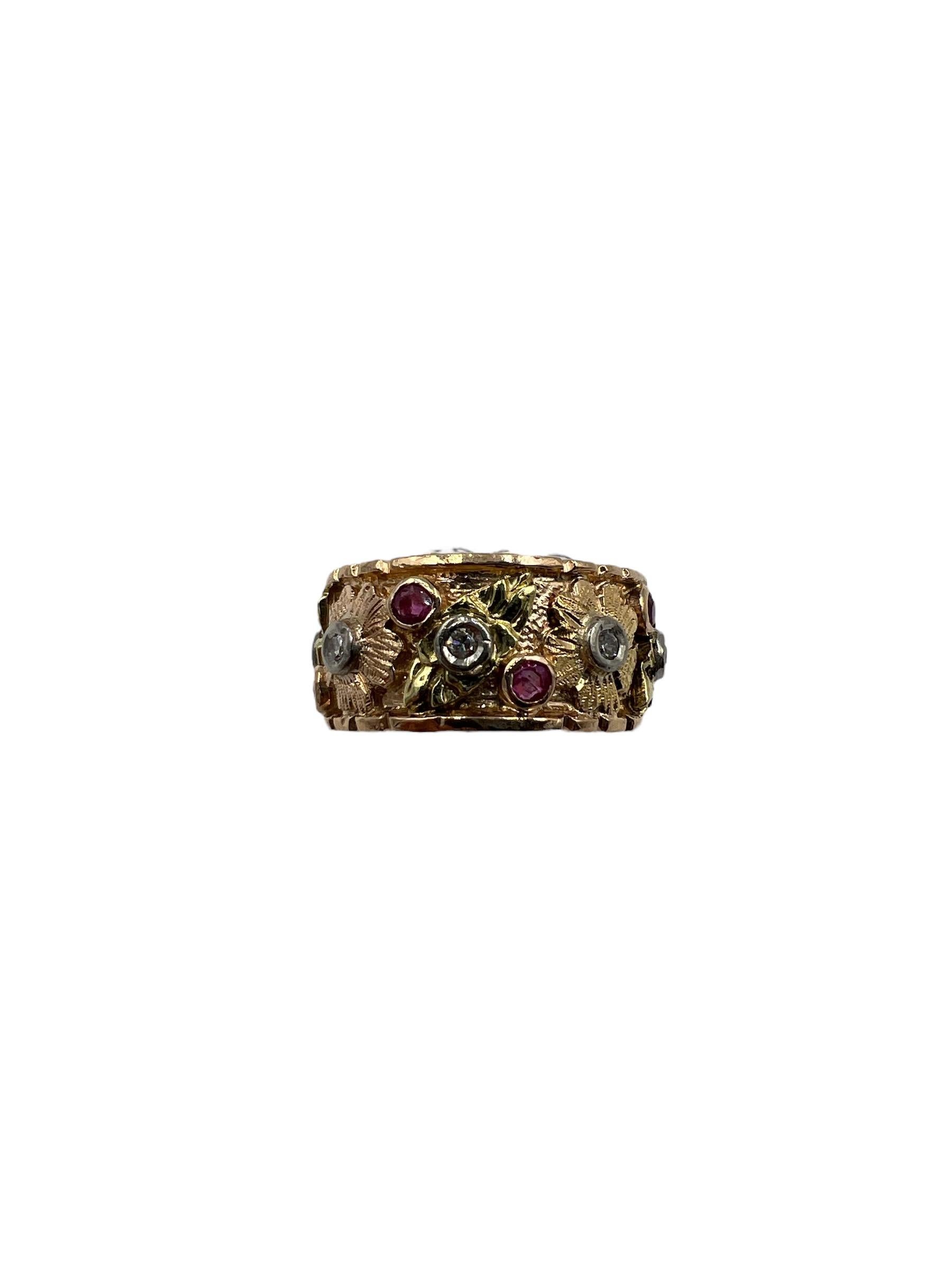 1940s Retro Pink Gold Ruby Diamond 9mm Wide Band Ring Size 5.5 For Sale 6