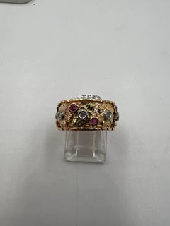 1940s Retro Pink Gold Ruby Diamond 9mm Wide Band Ring Size 5.5
