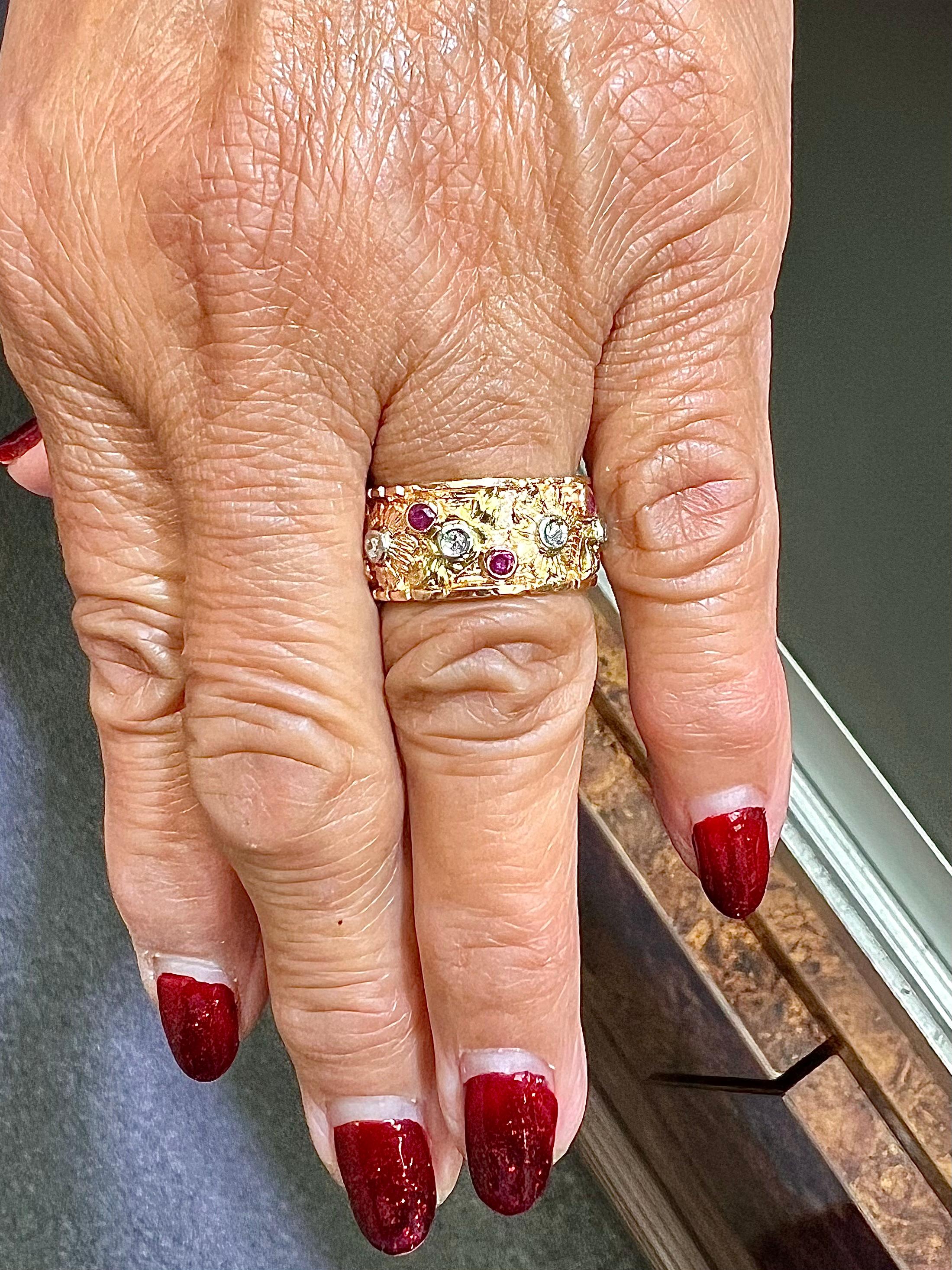 Round Cut 1940s Retro Pink Gold Ruby Diamond 9mm Wide Band Ring Size 5.5 For Sale
