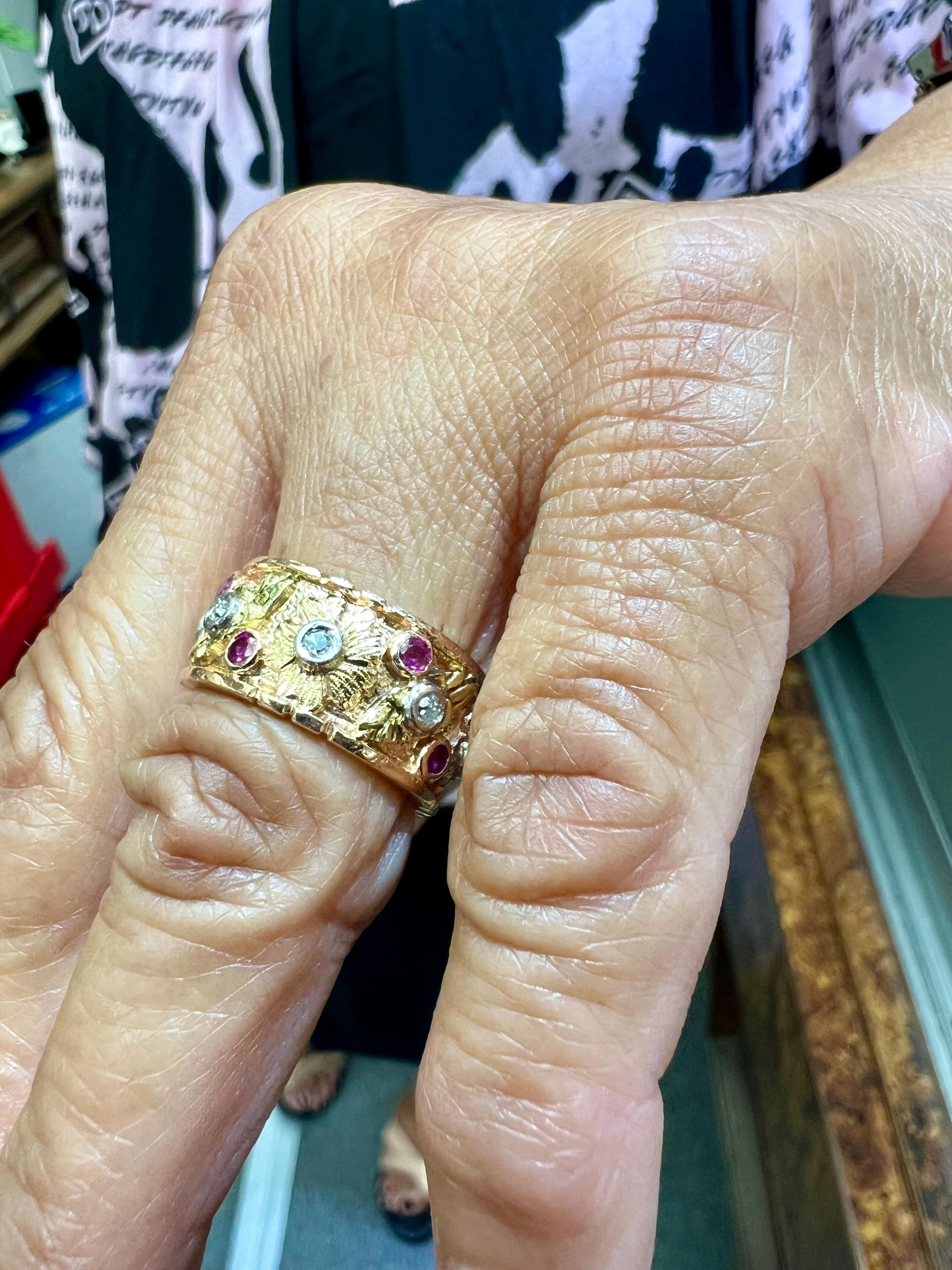 1940s Retro Pink Gold Ruby Diamond 9mm Wide Band Ring Size 5.5 In Good Condition For Sale In Los Angeles, CA