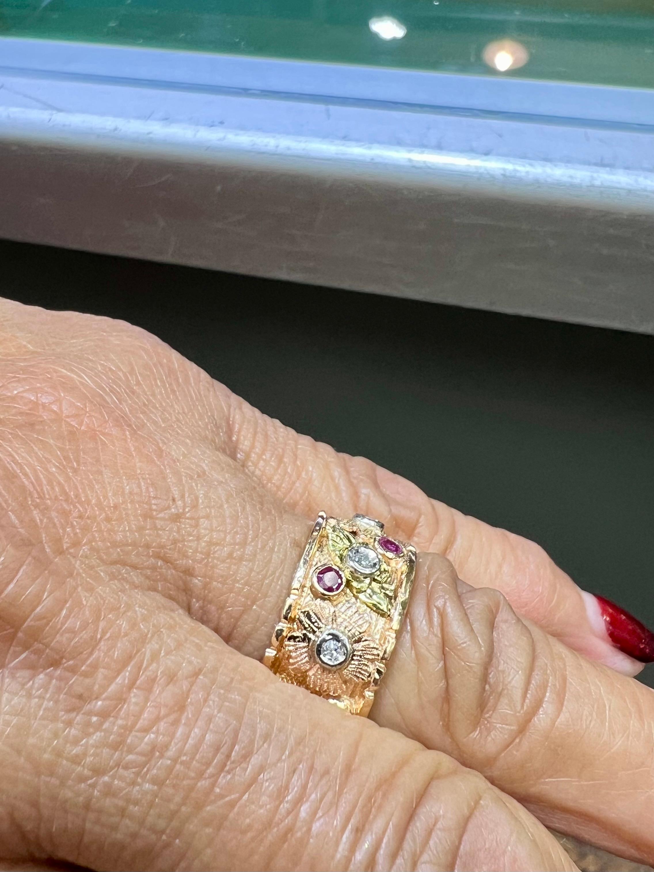 Women's or Men's 1940s Retro Pink Gold Ruby Diamond 9mm Wide Band Ring Size 5.5 For Sale