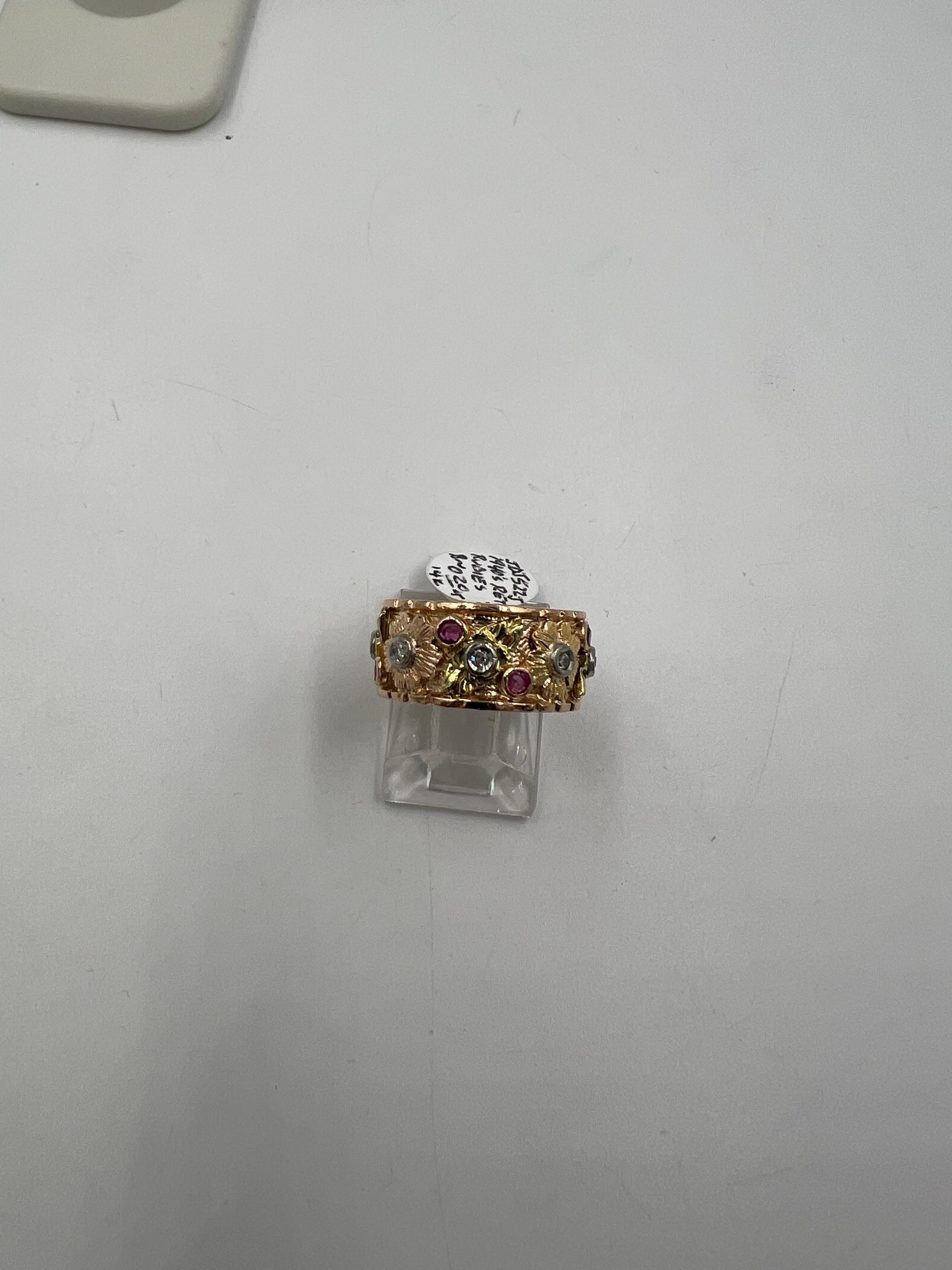1940s Retro Pink Gold Ruby Diamond 9mm Wide Band Ring Size 5.5 For Sale 1