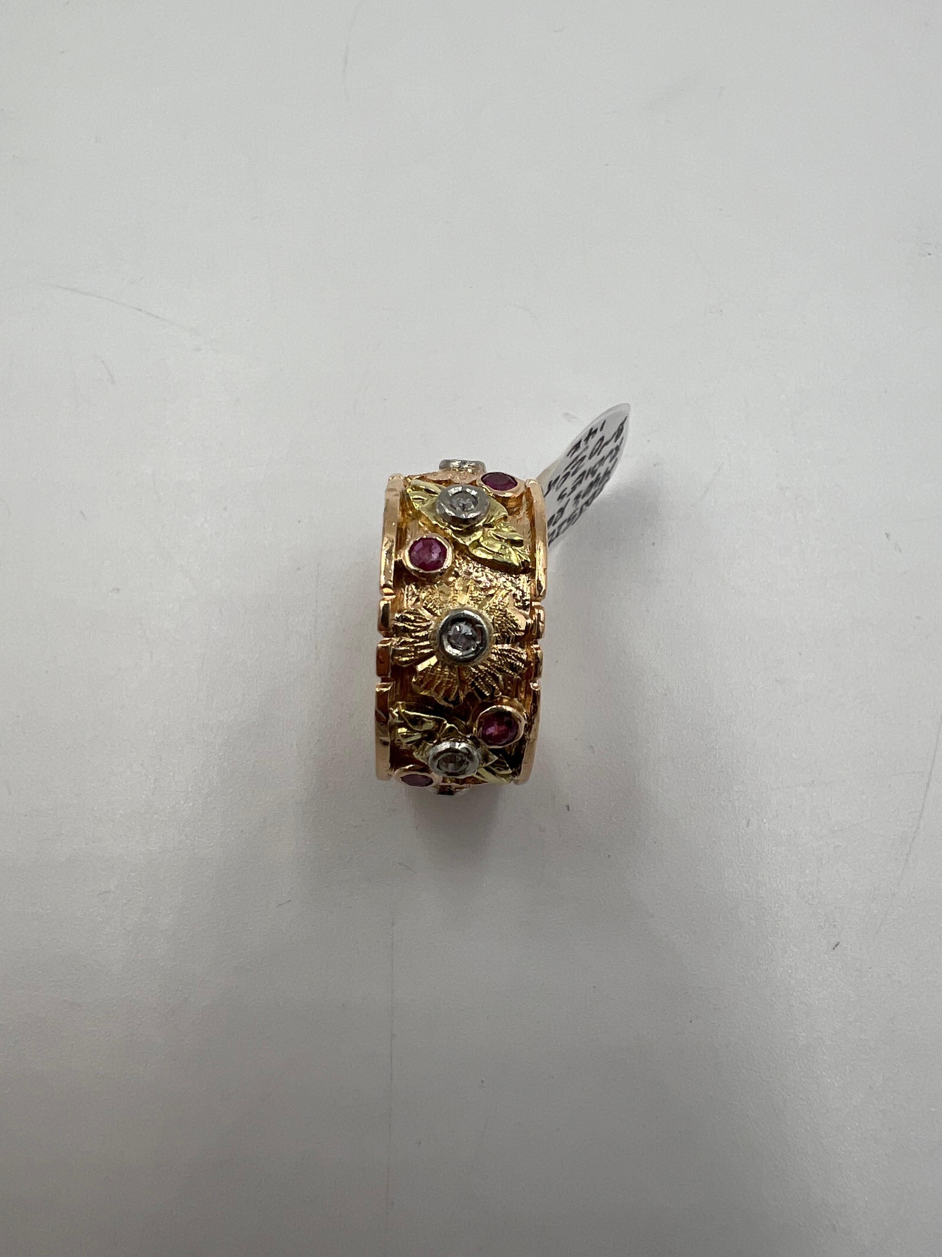 1940s Retro Pink Gold Ruby Diamond 9mm Wide Band Ring Size 5.5 For Sale 2