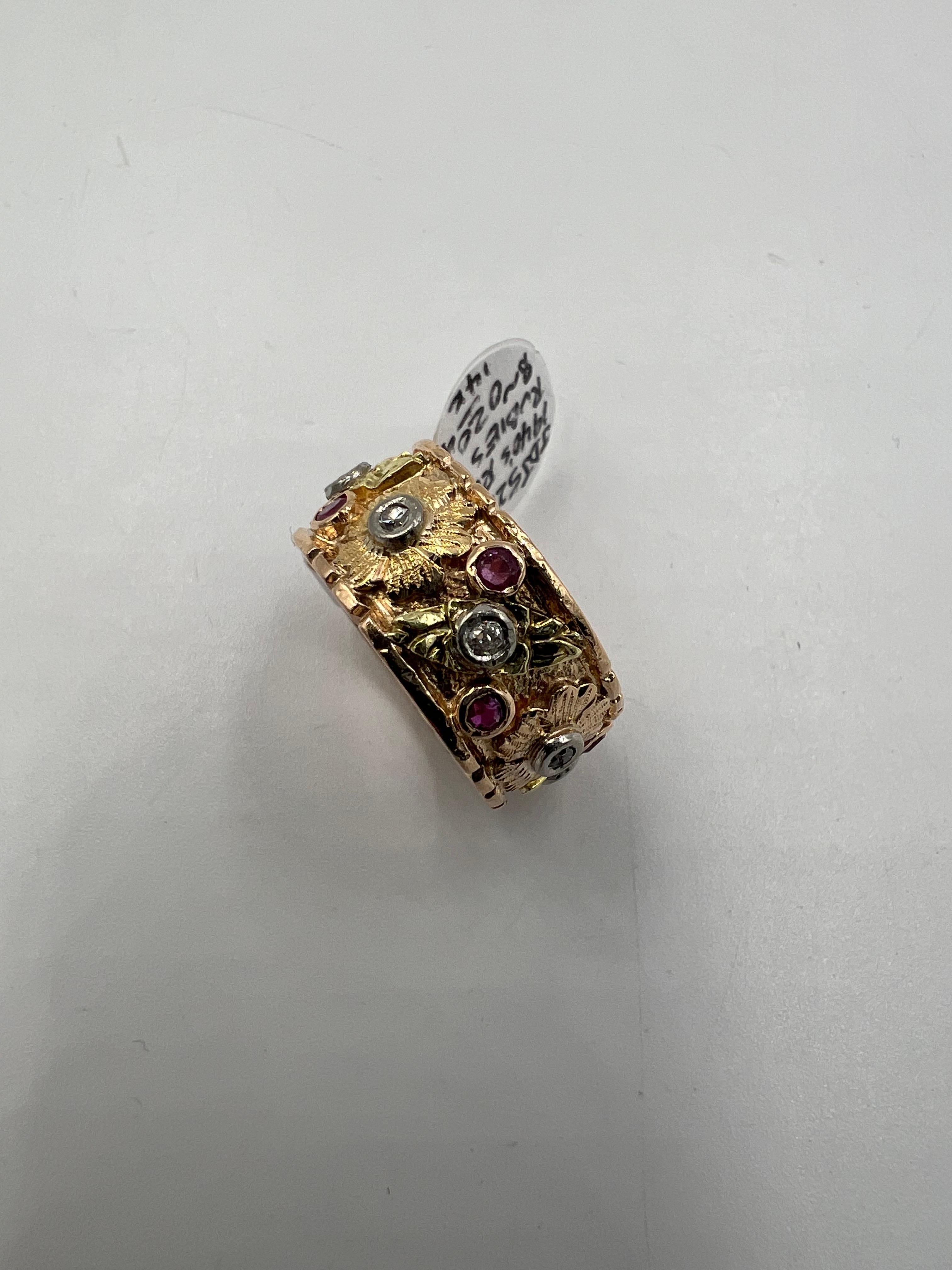 1940s Retro Pink Gold Ruby Diamond 9mm Wide Band Ring Size 5.5 For Sale 3