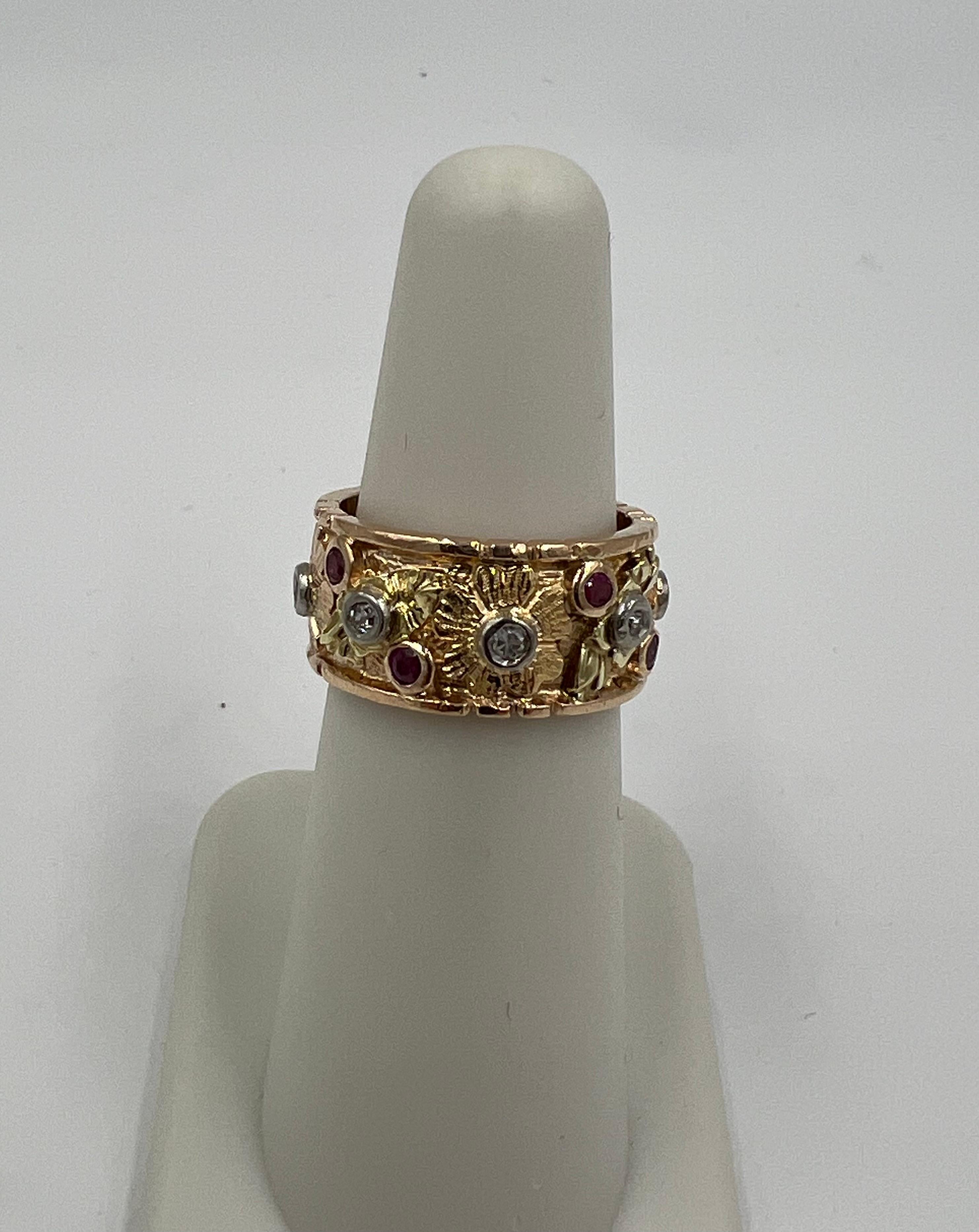 1940s Retro Pink Gold Ruby Diamond 9mm Wide Band Ring Size 5.5 For Sale 4