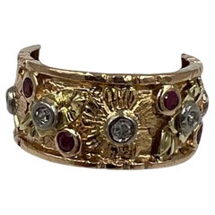 1940s Retro Oro Rosa Rubí Diamante 9mm Anillo Banda Ancha Talla 5.5