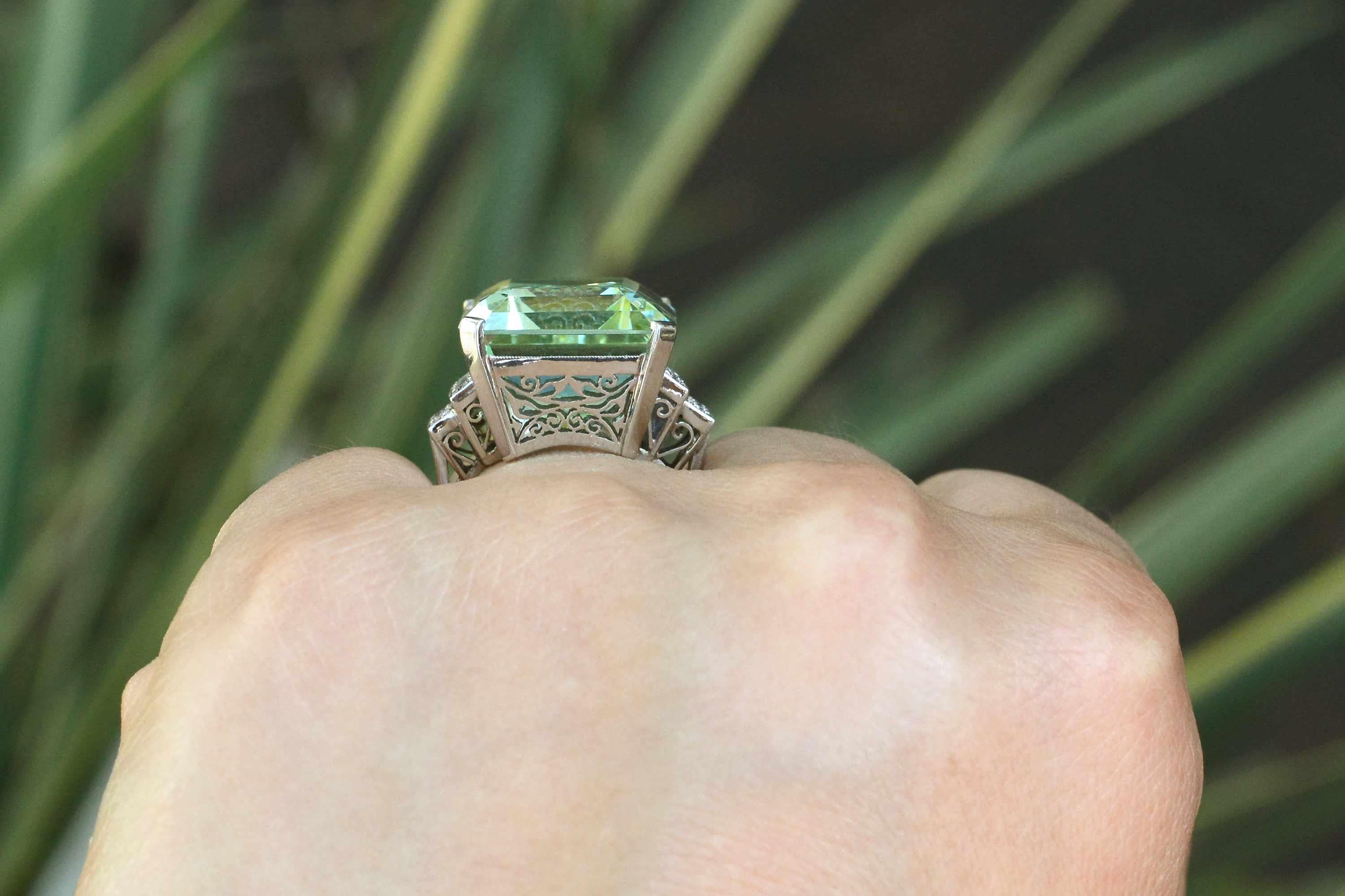 Emerald Cut 1940s Retro Platinum 31 Carat Aquamarine Cocktail Ring