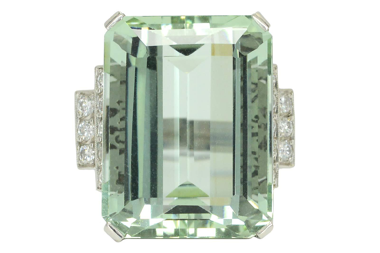 Emerald Cut 1940s Retro Platinum 31 Carat Aquamarine Cocktail Ring
