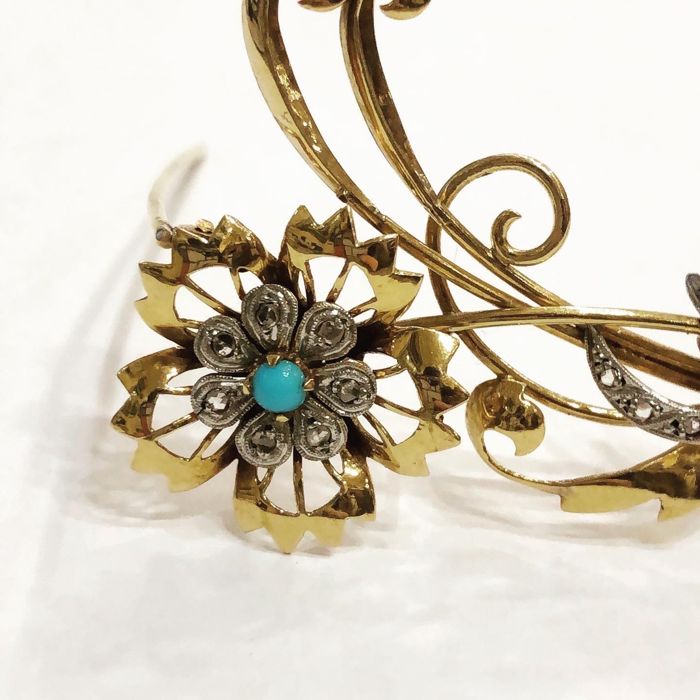 Broche rétro en platine, or jaune 18 carats, diamants et turquoise représentant un bouquet de fleurs, années 1940 en vente 5