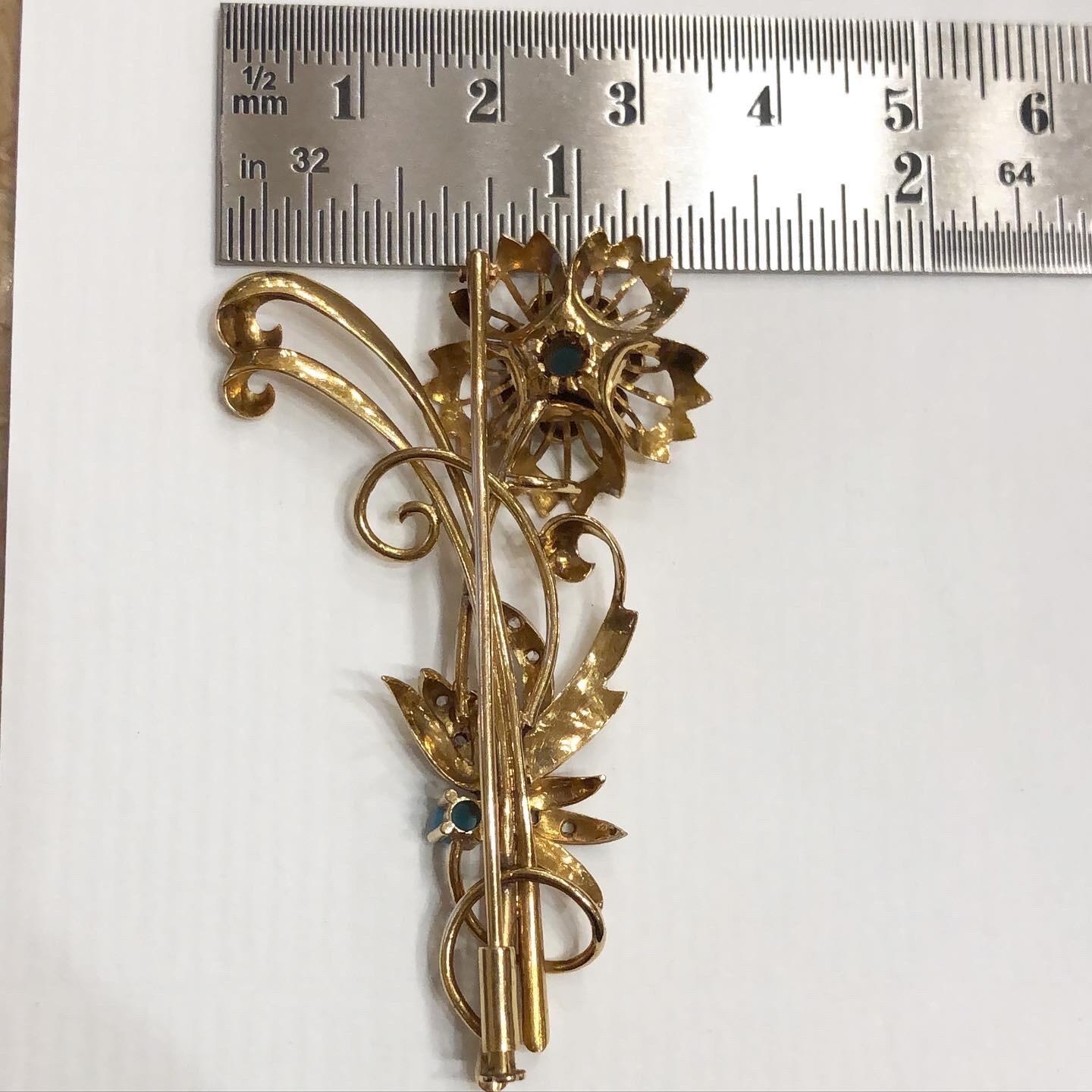 1940s Retro Platinum, 18k Yellow Gold, Diamond, Turquoise Flowers Bouquet Brooch For Sale 6