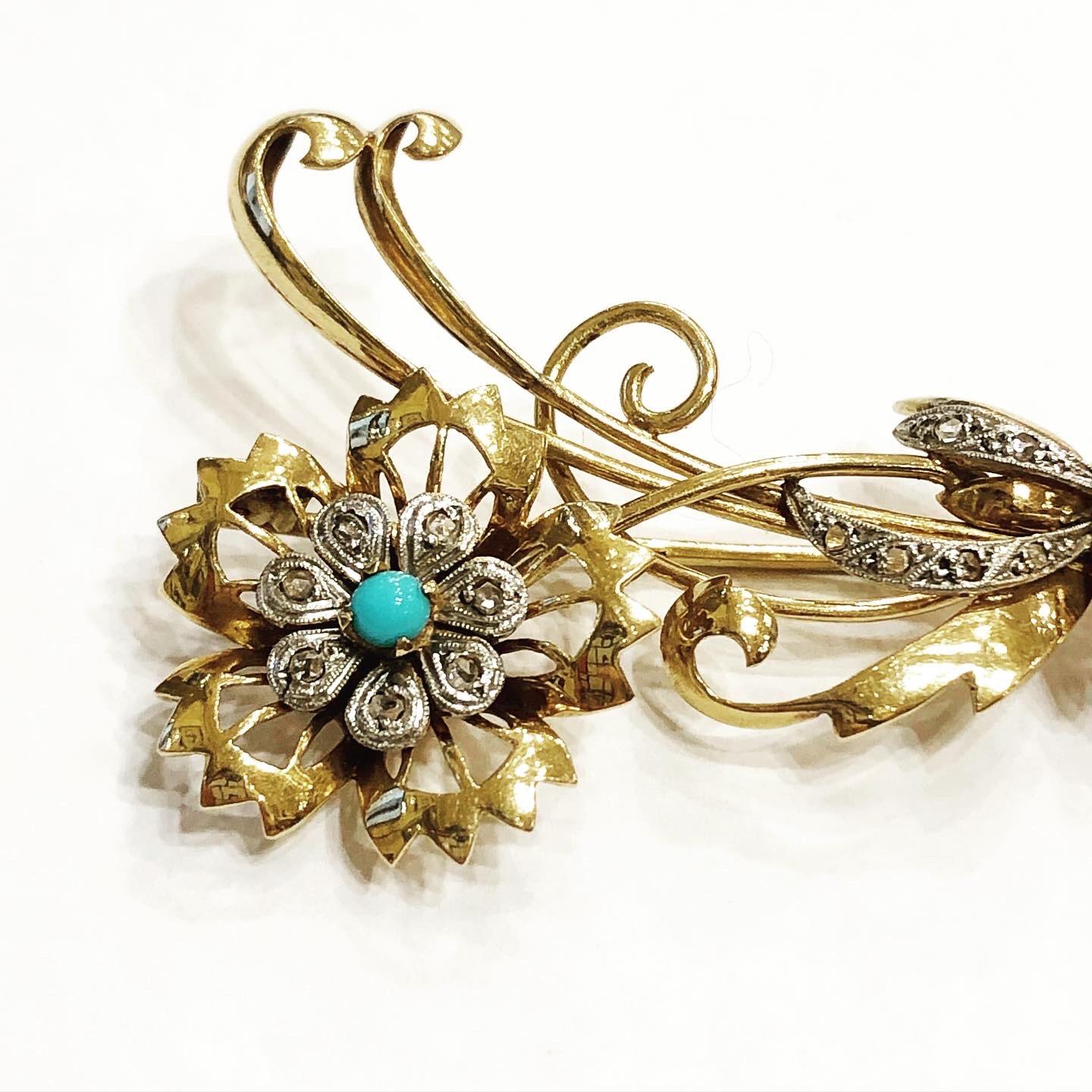 Circa 1940's retro brooch. An artistically designed flowers bouquet. 
Beatiful cabuchon turquoises and old European cut diamonds.
Tank style.
Length:  5.8 cm.
Width: 3.5 cm.
Weith: 9.1 gr.

FREE SHIPPING.
RETURNS ACCEPTED (3 days).

We guarantee you