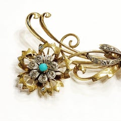 1940s Retro Platinum, 18k Yellow Gold, Diamond, Turquoise Flowers Bouquet Brooch