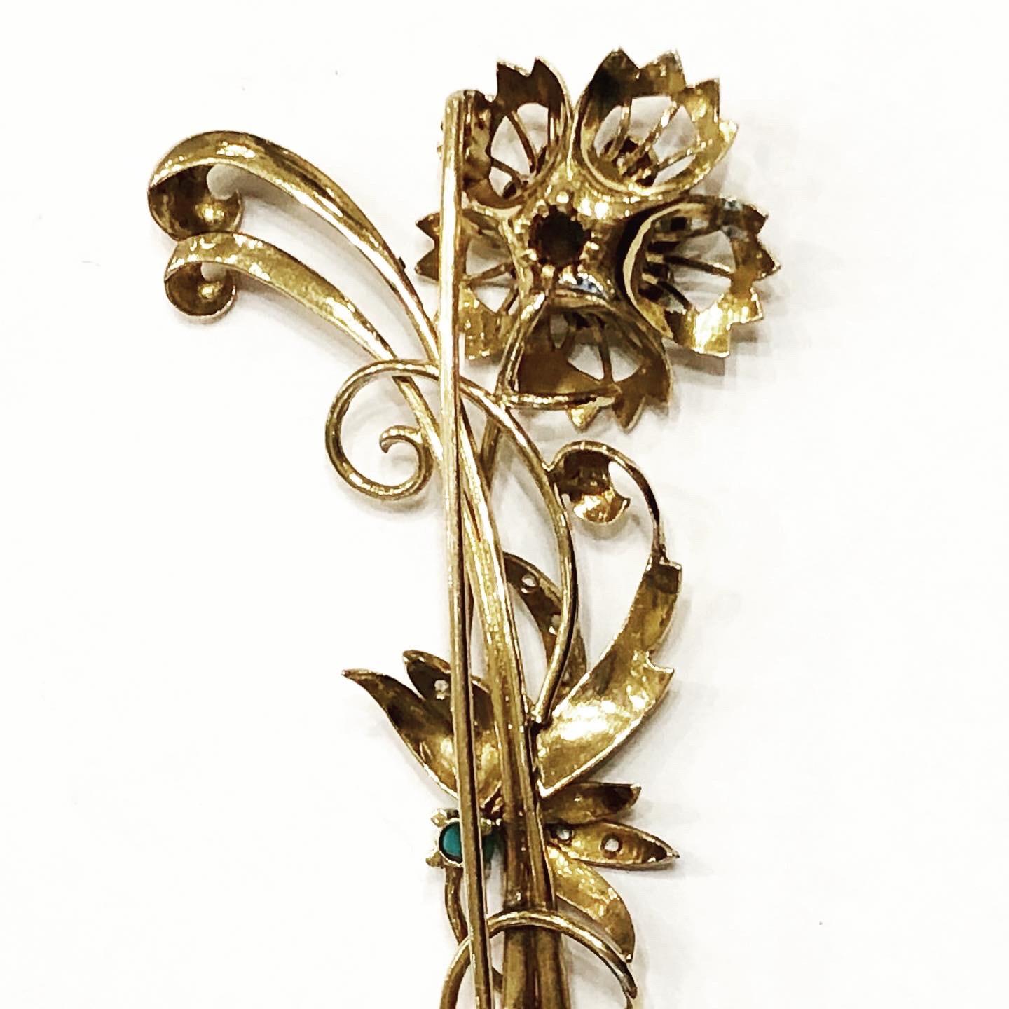 Old European Cut 1940s Retro Platinum, 18k Yellow Gold, Diamond, Turquoise Flowers Bouquet Brooch For Sale