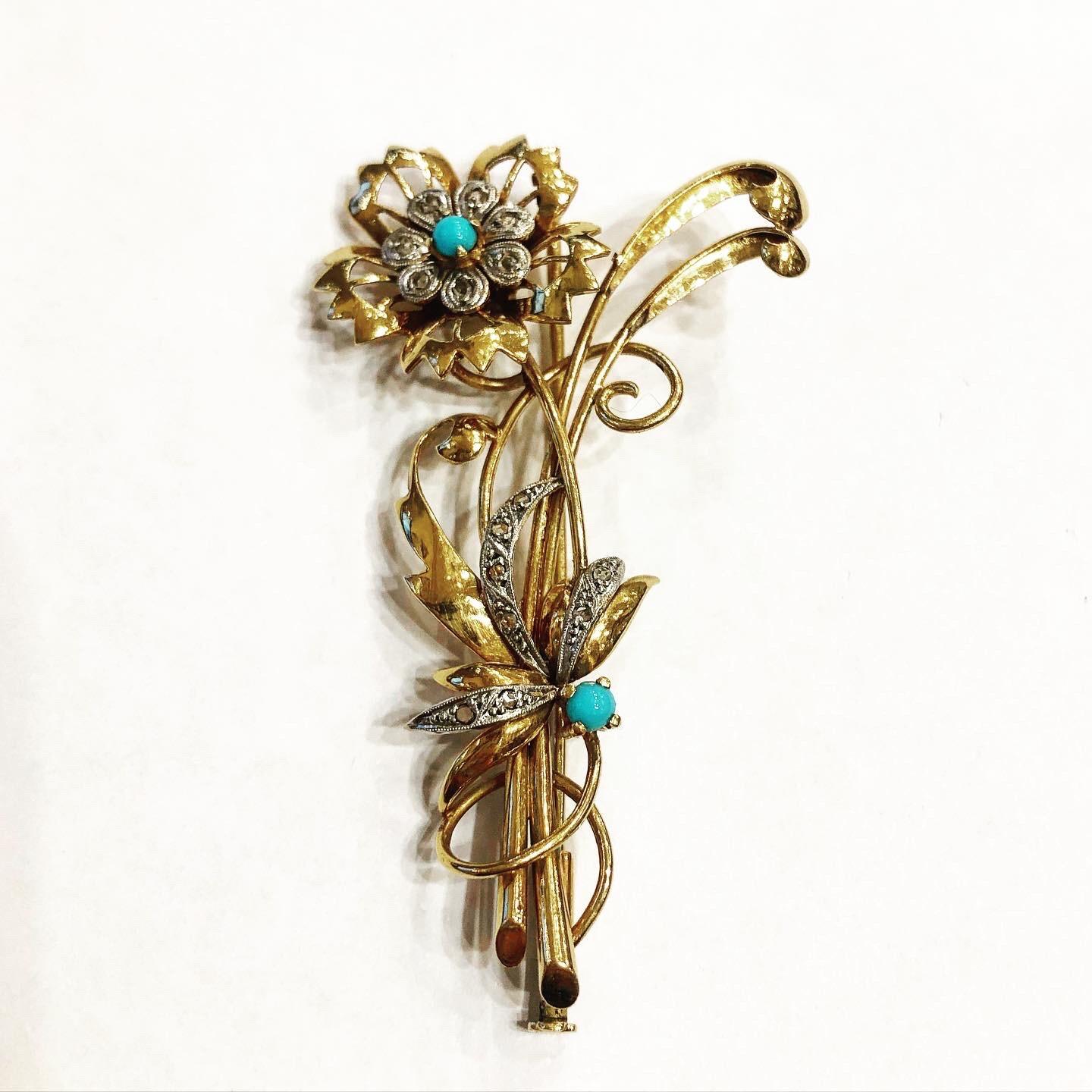 1940s Retro Platinum, 18k Yellow Gold, Diamond, Turquoise Flowers Bouquet Brooch In Good Condition For Sale In Pamplona, Navarra