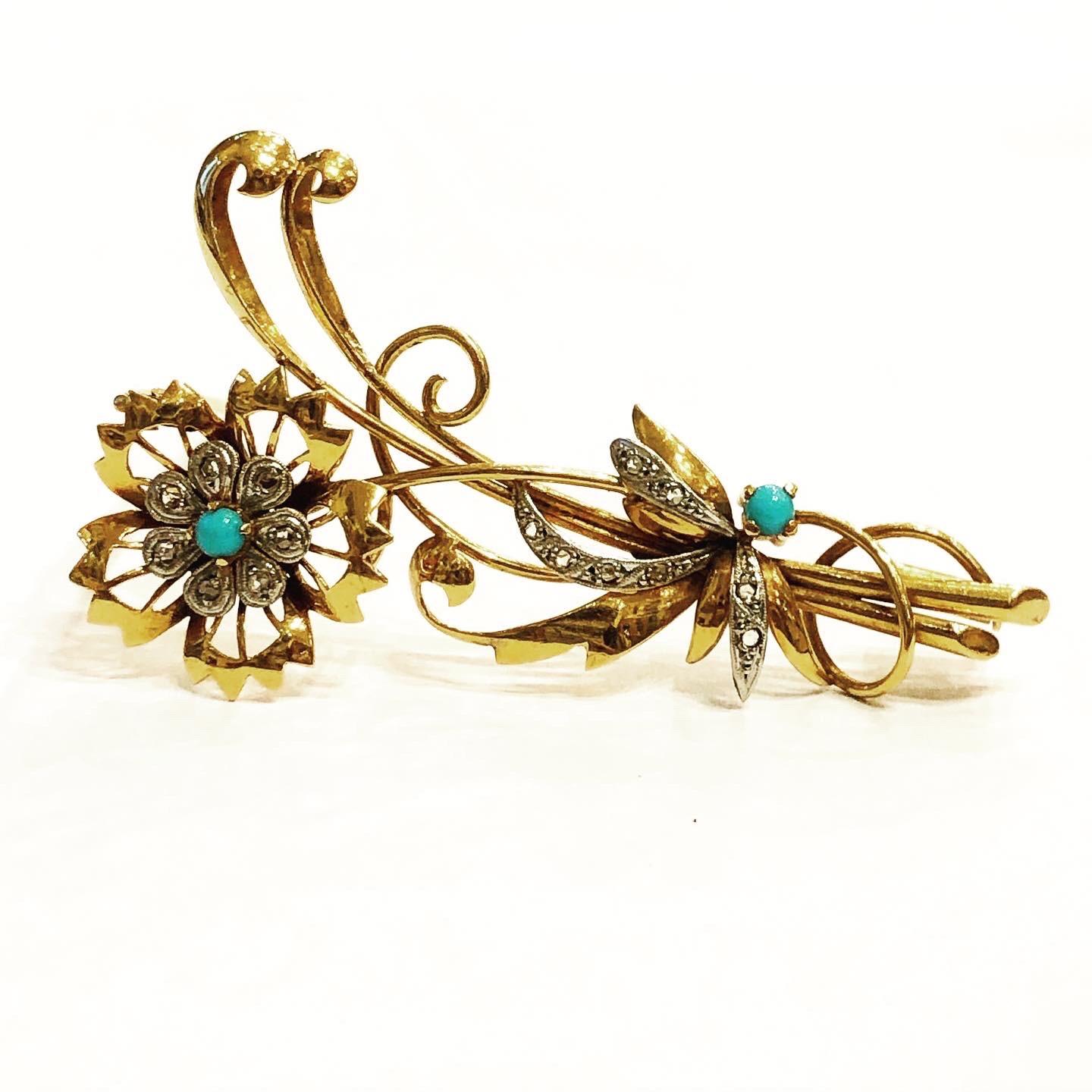 1940s Retro Platinum, 18k Yellow Gold, Diamond, Turquoise Flowers Bouquet Brooch For Sale 2