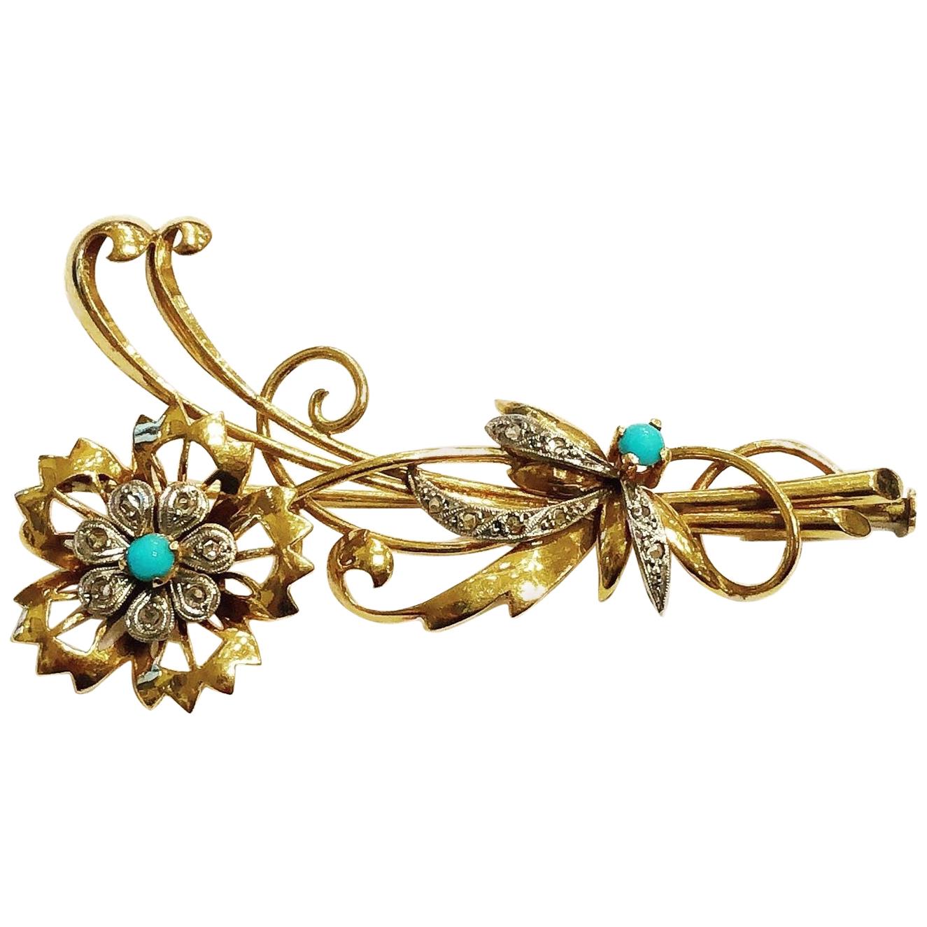 Broche rétro en platine, or jaune 18 carats, diamants et turquoise représentant un bouquet de fleurs, années 1940 en vente