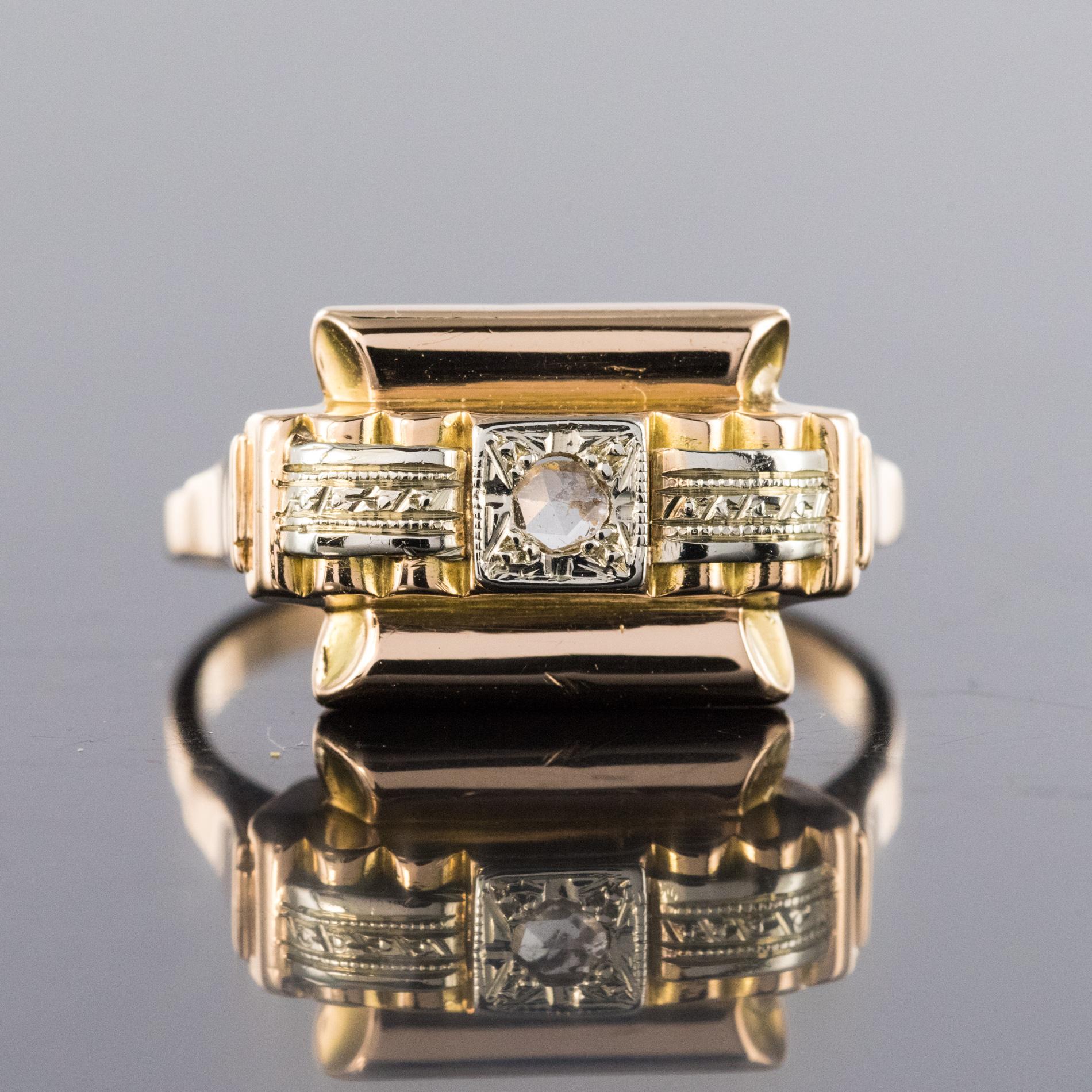 1940s Retro Rose Cut Diamond 18 Karat Yellow Gold Tank Ring In Good Condition In Poitiers, FR