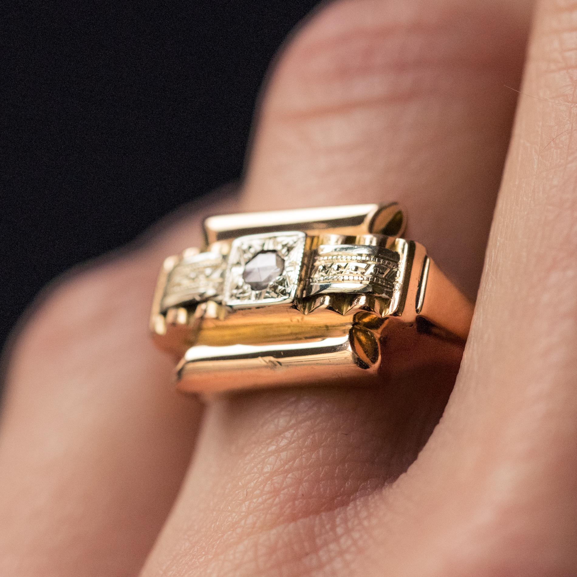 Women's 1940s Retro Rose Cut Diamond 18 Karat Yellow Gold Tank Ring