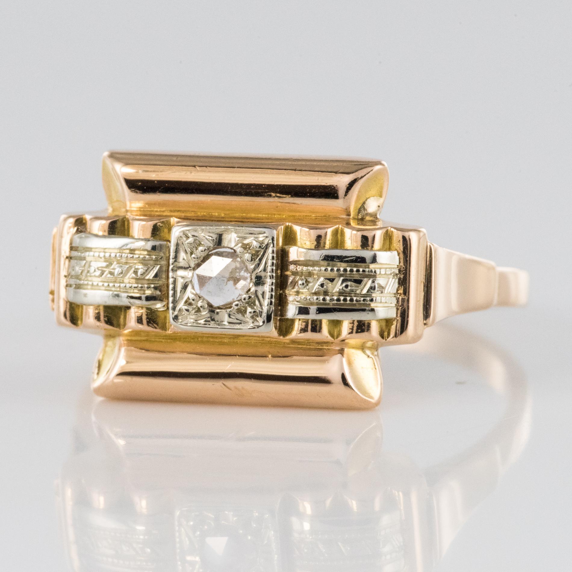 1940s Retro Rose Cut Diamond 18 Karat Yellow Gold Tank Ring 1