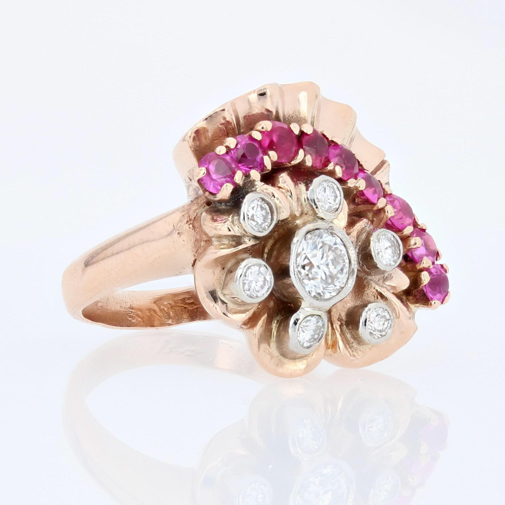 1940s Retro Rubis Diamonds 14 Karat Rose Gold Ring For Sale 7