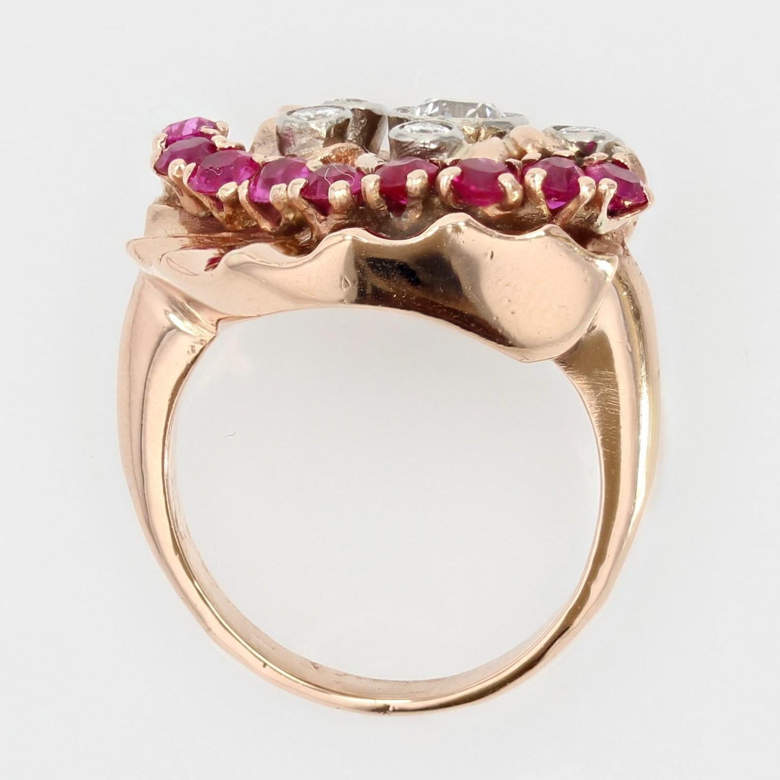 1940s Retro Rubis Diamonds 14 Karat Rose Gold Ring For Sale 10