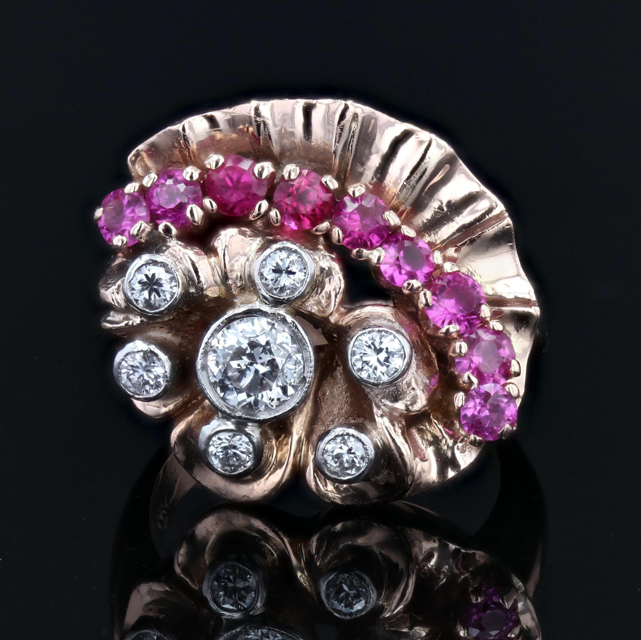 1940er Jahre Retro Rubin-Diamant-Ring aus 14 Karat Roségold im Zustand „Gut“ im Angebot in Poitiers, FR