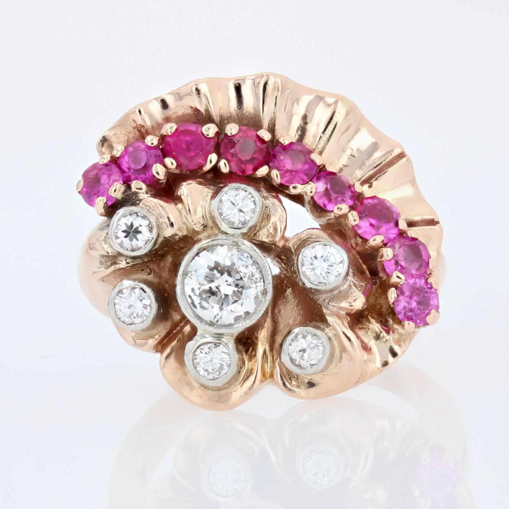 1940s Retro Rubis Diamonds 14 Karat Rose Gold Ring For Sale 5