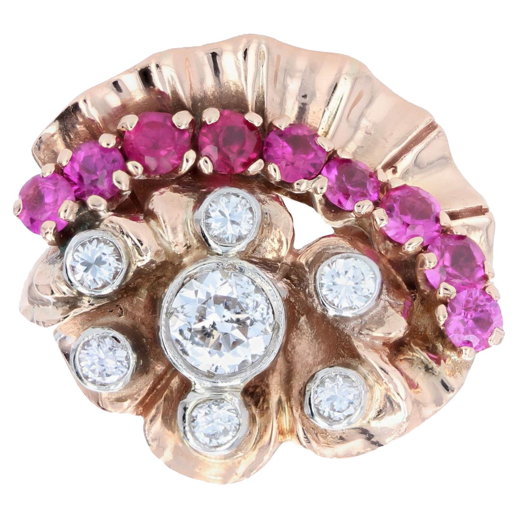 1940s Retro Rubis Diamonds 14 Karat Rose Gold Ring For Sale