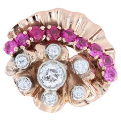 1940s Retro Rubis Diamonds 14 Karat Rose Gold Ring