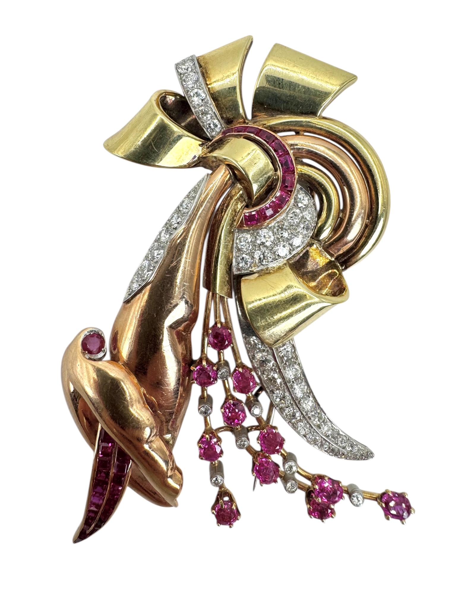 1940s Retro Ruby and Diamond Ribbon Spray Brooch in 14K Yellow and Rose Gold