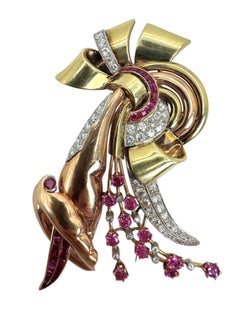 1940s Retro Ruby and Diamond Ribbon Spray Brooch in 14K Yellow and Rose Gold