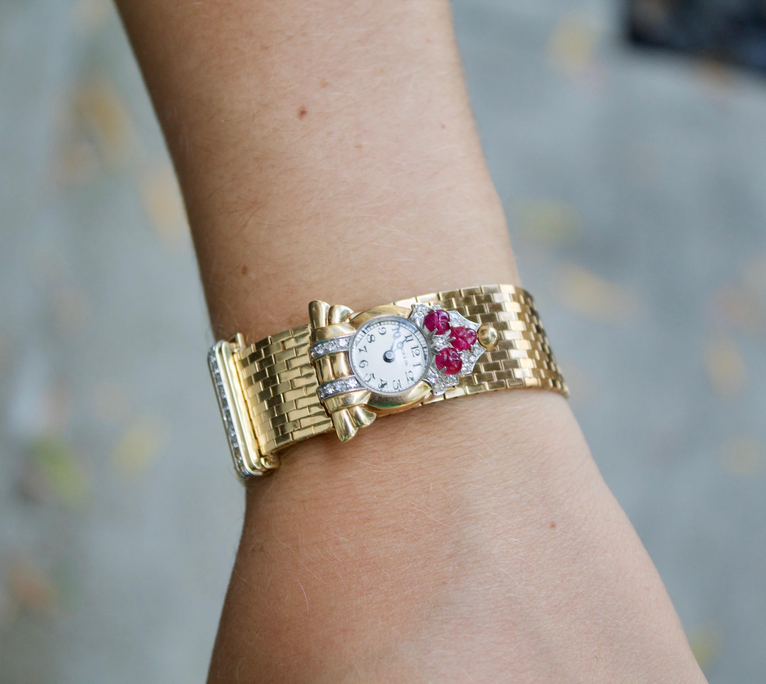 1940s Retro Ruby and Diamond Watch, Bracelet and Brooch Clip For Sale 3