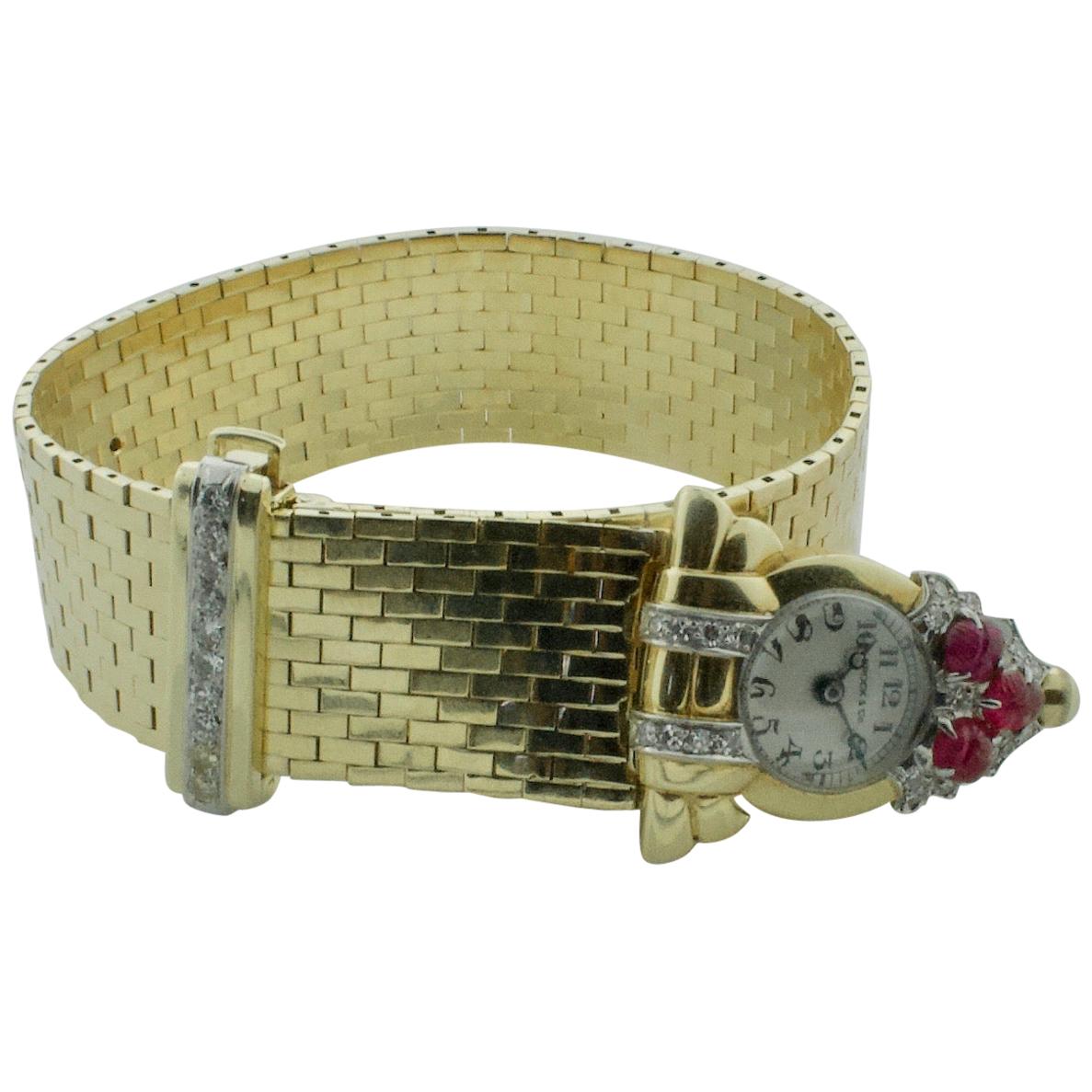 1940s Retro Ruby and Diamond Watch, Bracelet and Brooch Clip For Sale