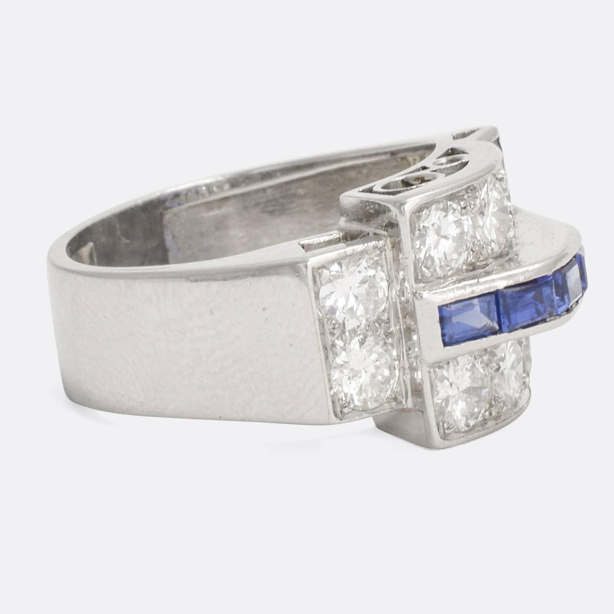 1940s Retro Sapphire Diamond Buckle Ring In Excellent Condition In Sale, Cheshire