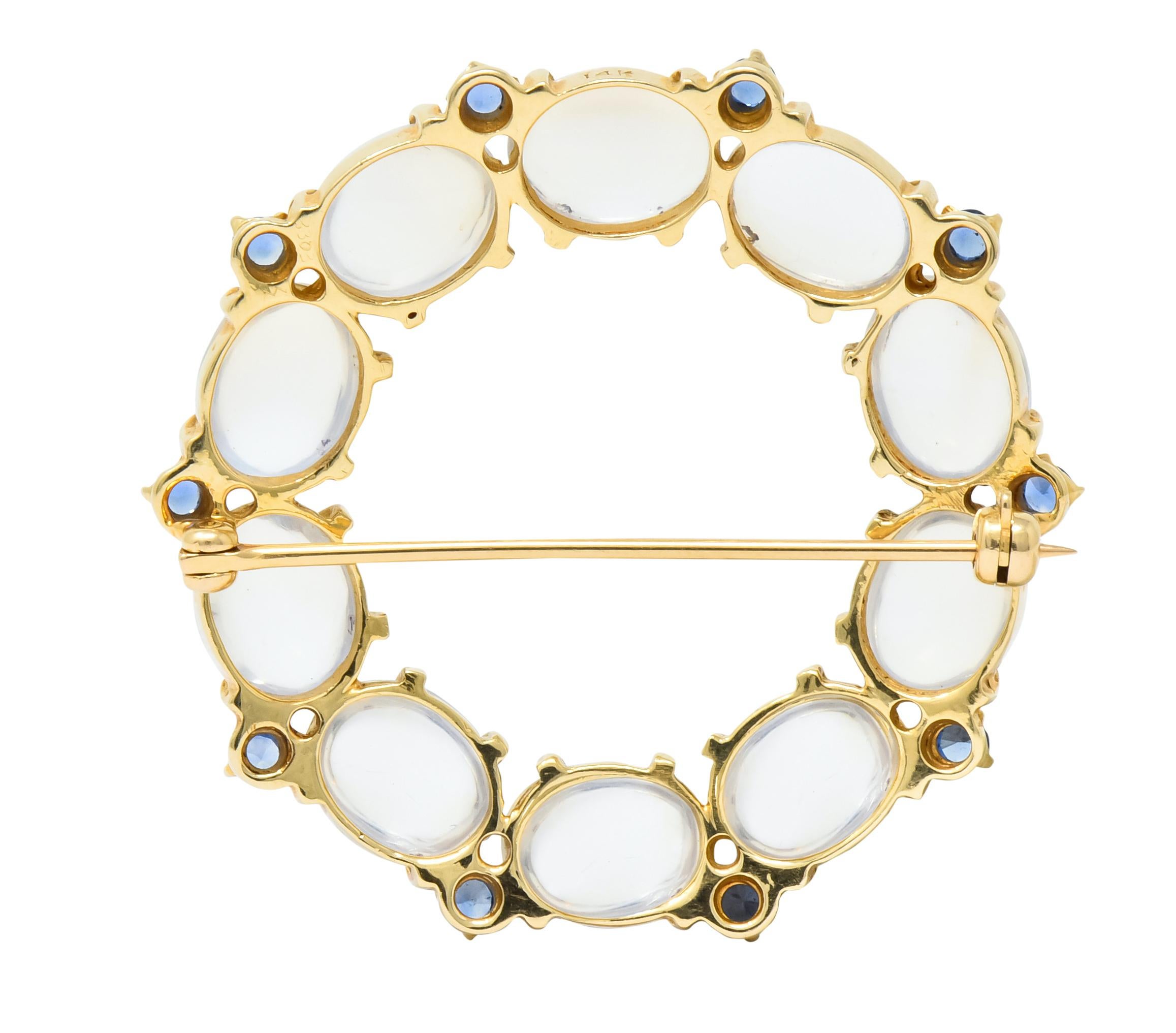 1940s Retro Sapphire Moonstone 14 Karat Gold Circle Pin Brooch In Excellent Condition In Philadelphia, PA