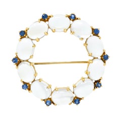 1940s Retro Sapphire Moonstone 14 Karat Gold Circle Pin Brooch