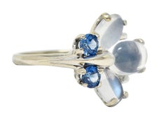 1940's Retro Sapphire Moonstone 14 Karat White Gold Floral Cluster Ring