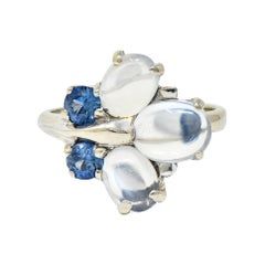 1940's Vintage Sapphire Moonstone 14 Karat White Gold Floral Cluster Ring