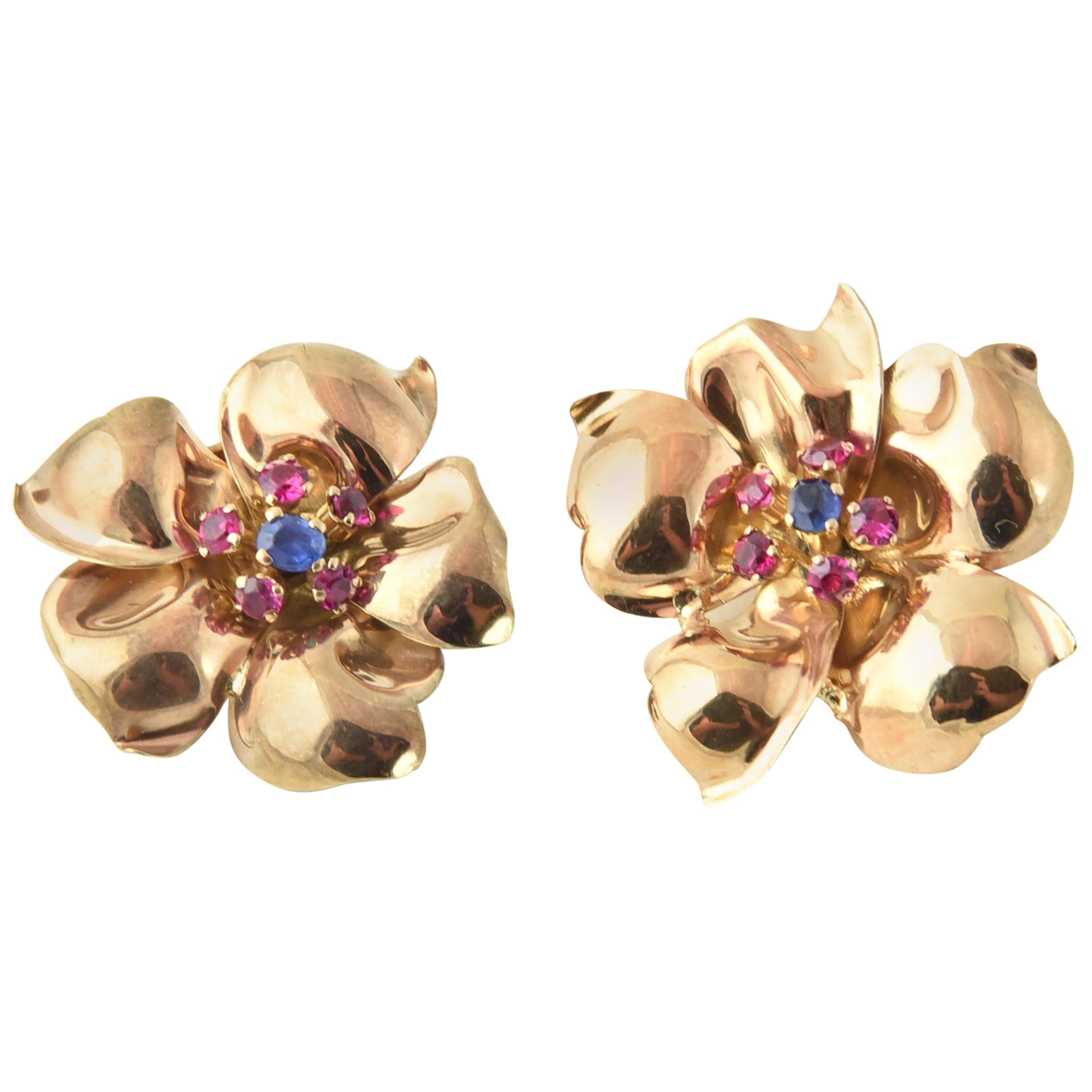 1940s Retro Sapphire Ruby Rose Gold Flower Earrings Clips
