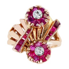 1940s Retro-Style Ruby and Diamond Floral Ring, 14 Karat Yellow Gold