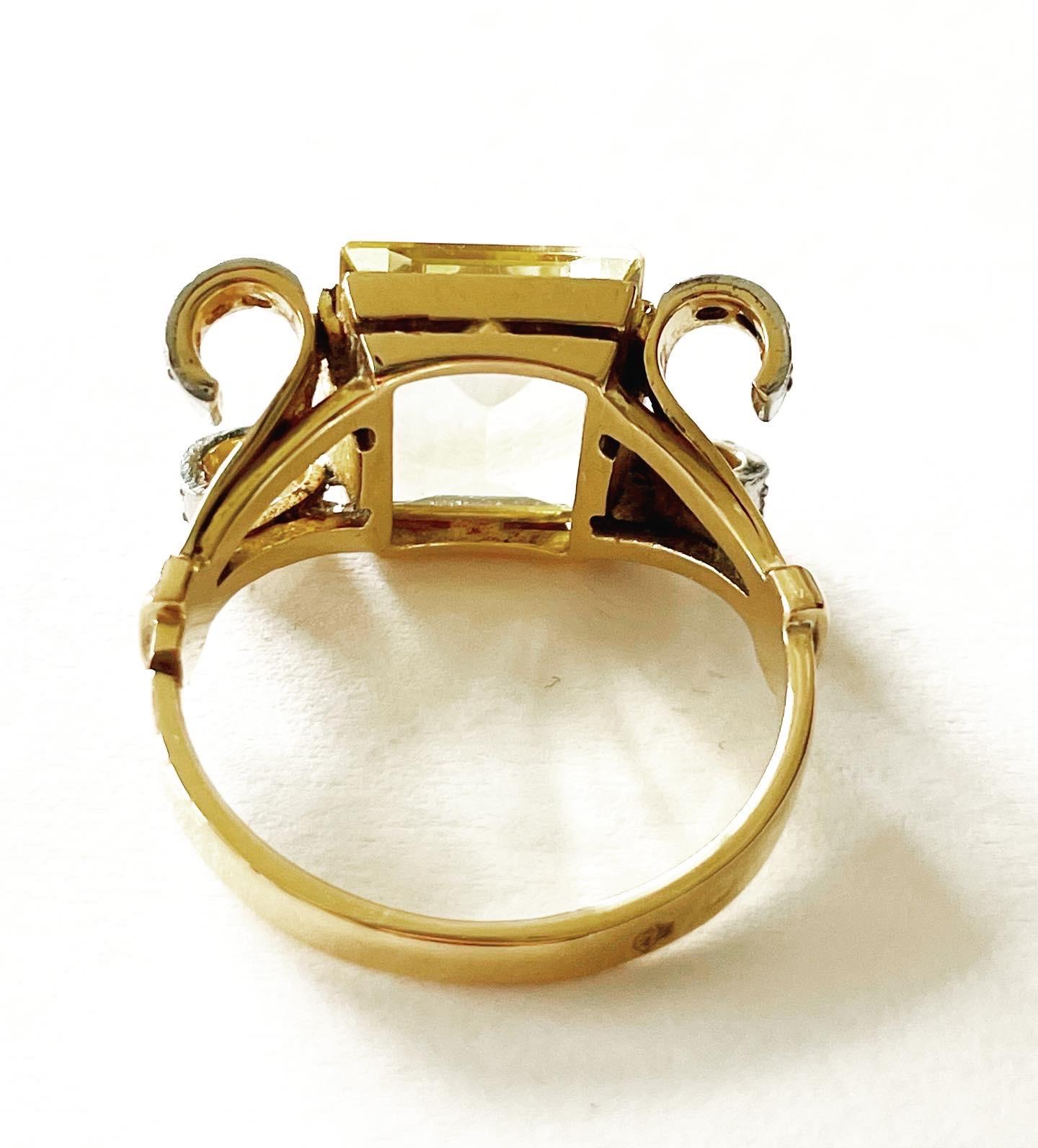 1940s Retro Tank Diamond Citrine 18k Yellow Gold Platinum Tank Cocktail Ring 2