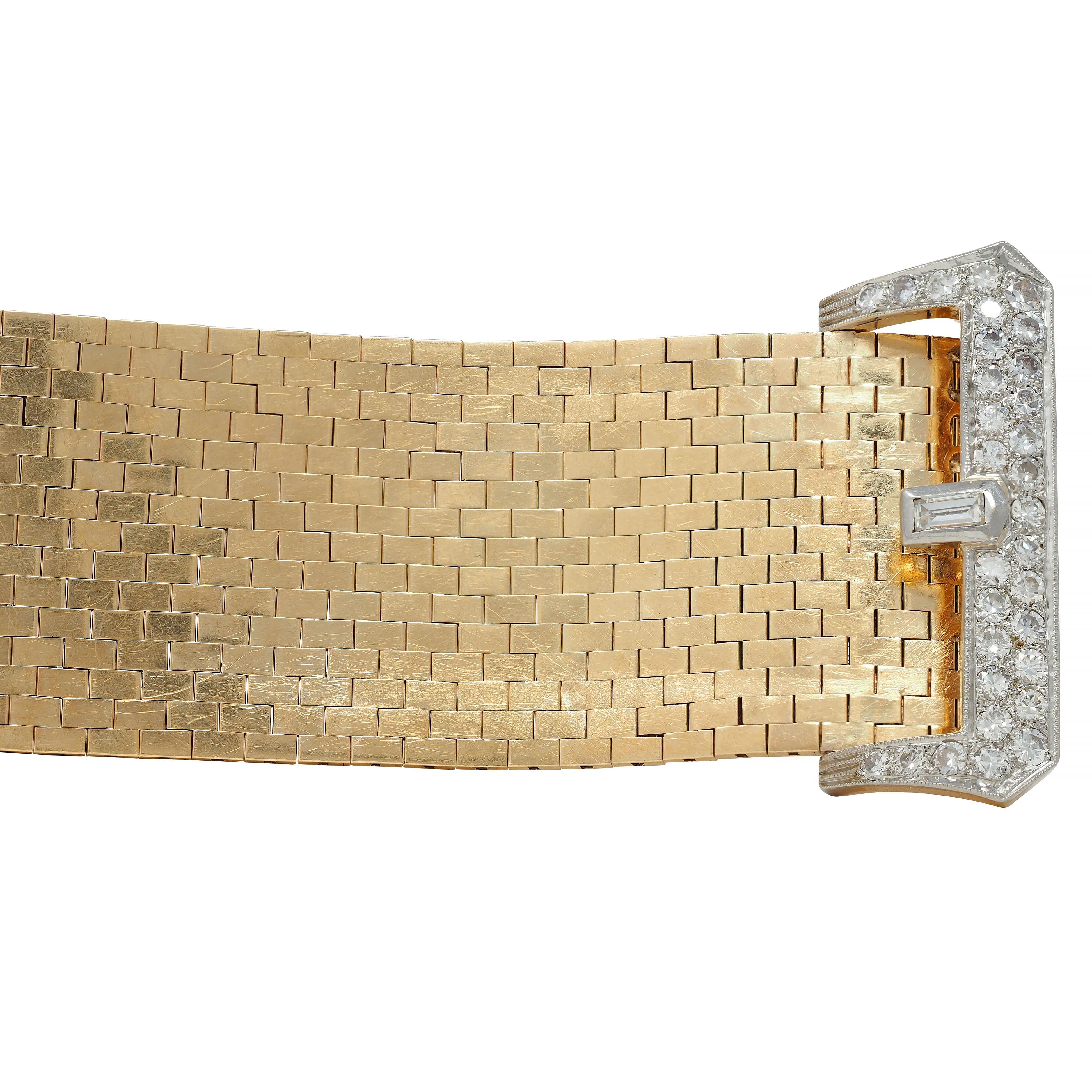 1940's Retro Wide Ruby Diamond 14 Karat Gold Jarretière Buckle Link Bracelet 5