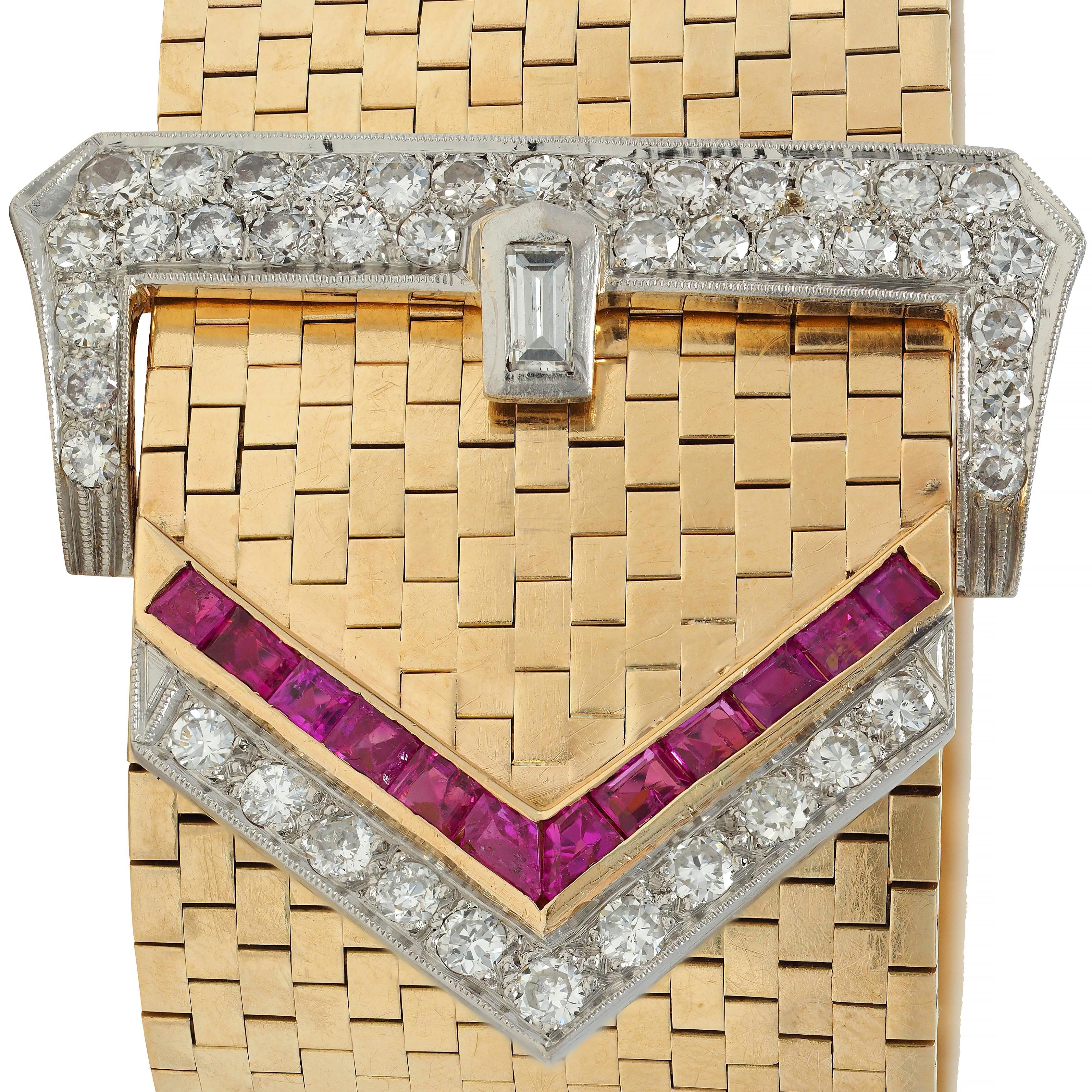 1940's Retro Wide Ruby Diamond 14 Karat Gold Jarretière Buckle Link Bracelet In Excellent Condition In Philadelphia, PA