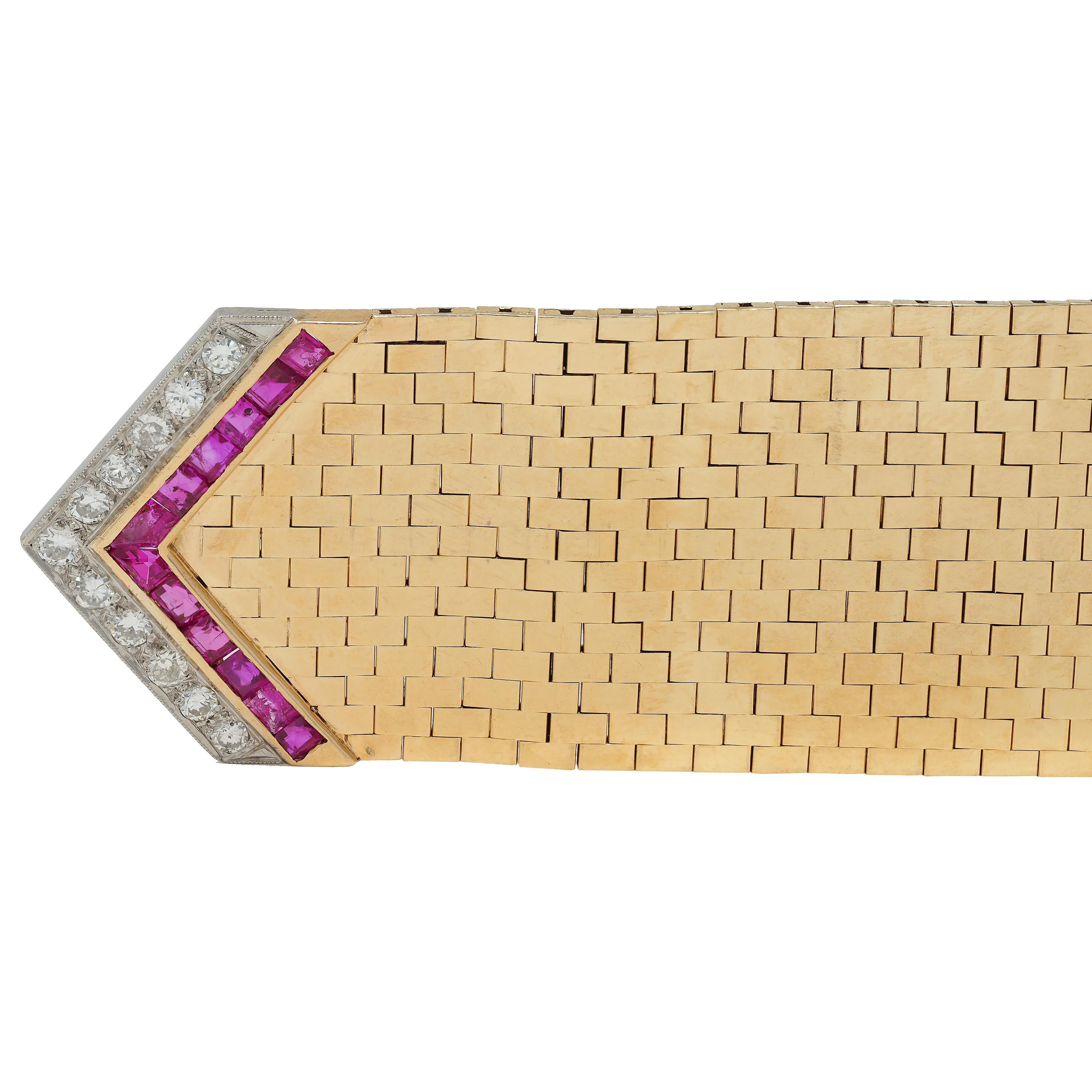 1940's Retro Wide Ruby Diamond 14 Karat Gold Jarretière Buckle Link Bracelet 3