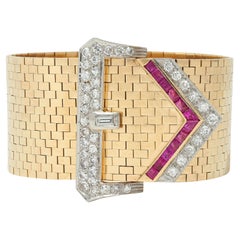 1940's Retro Wide Ruby Diamond 14 Karat Gold Jarretière Buckle Link Bracelet