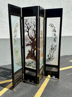 1940’s Reverse Japandi Chinoiserie Style Painted Mirrored Panels Screen Divider