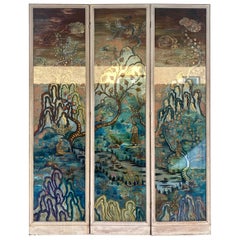 Paravent monumental inversé des années 1950 avec panneaux miroirs peints de style chinoiseries