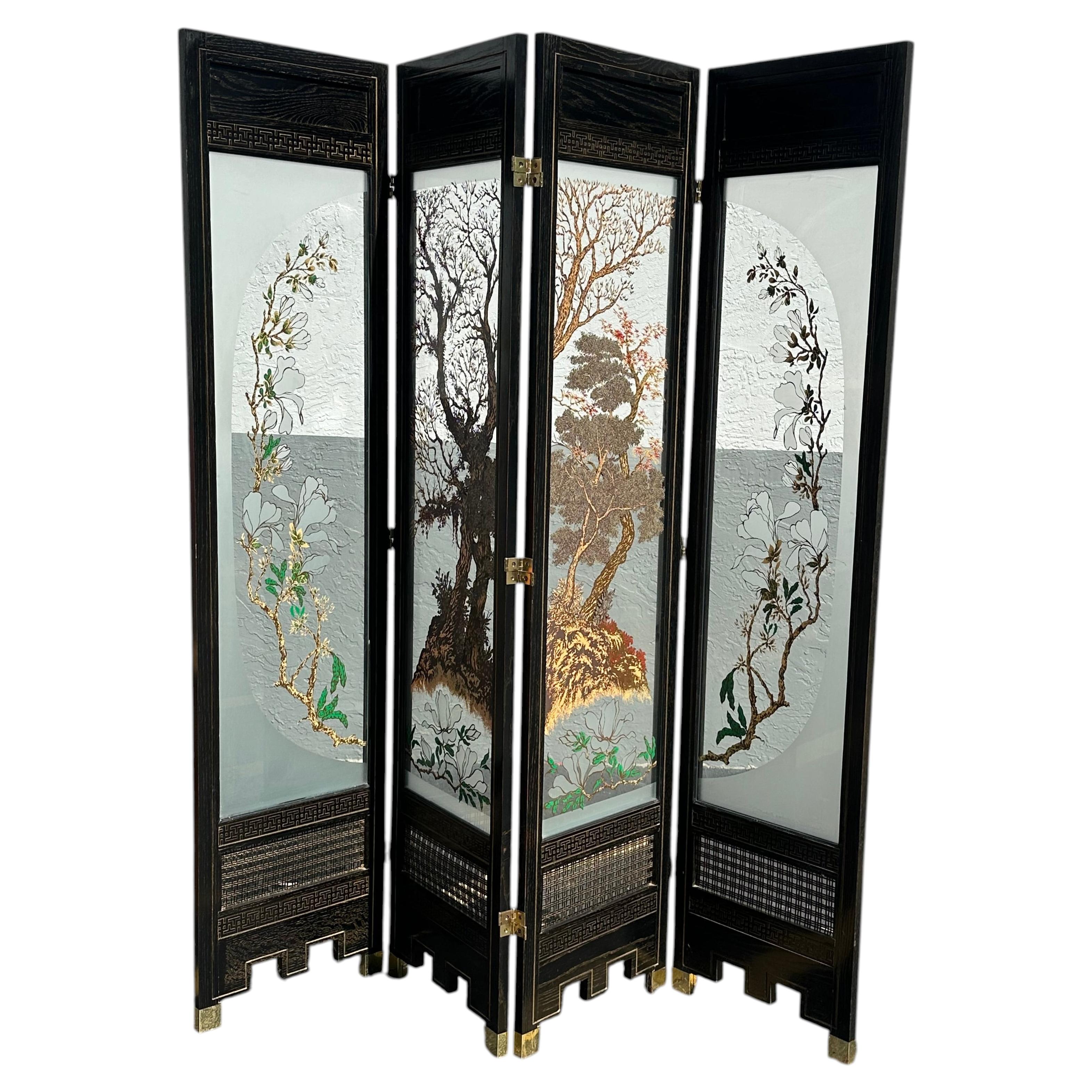 1940’s Reverse Chinoiserie Style Painted Glass Wood Panels Screen Divider For Sale