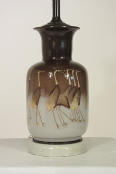 1940s Reverse Painted Crane Lamp